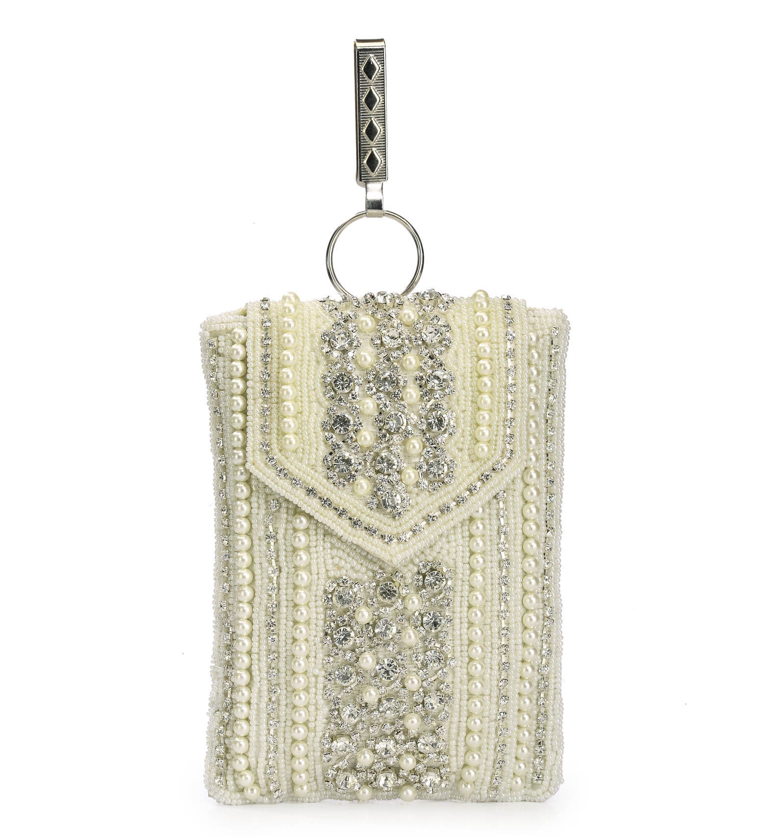 Off White Satin Stone and Pearl Studded Pouch