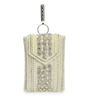 Off White Satin Stone and Pearl Studded Pouch