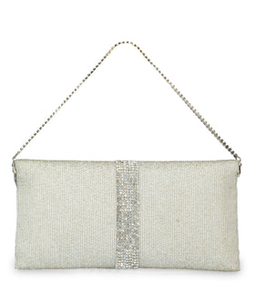 Silver Satin Stone and Pearl Beaded Clutch