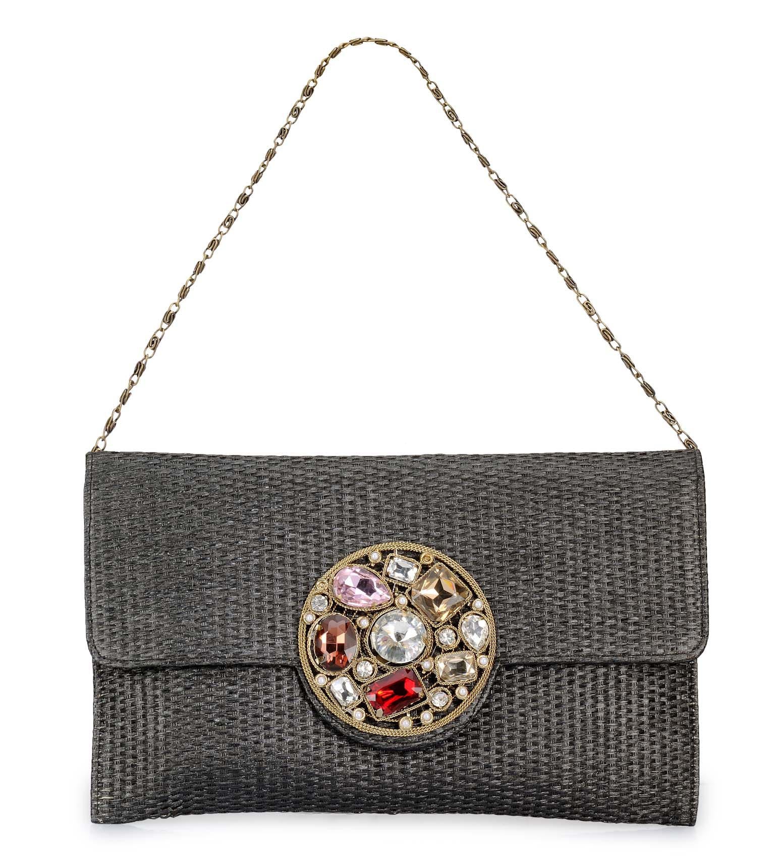 Black Rexin Stone and Pearl Patch Work Clutch