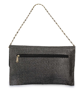 Black Rexin Stone and Pearl Patch Work Clutch