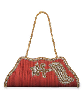 Maroon Art Silk Pearl and Zardosi Embroidery Clutch