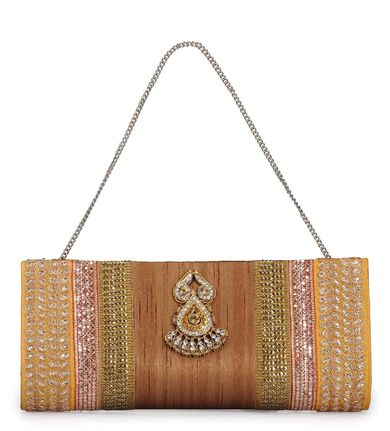 Mustard Art Silk Stone and Zari Work Clutch