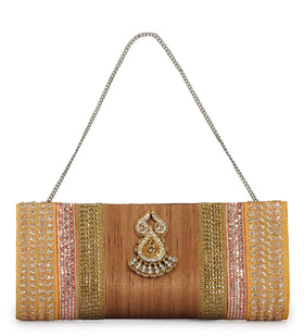 Mustard Art Silk Stone and Zari Work Clutch