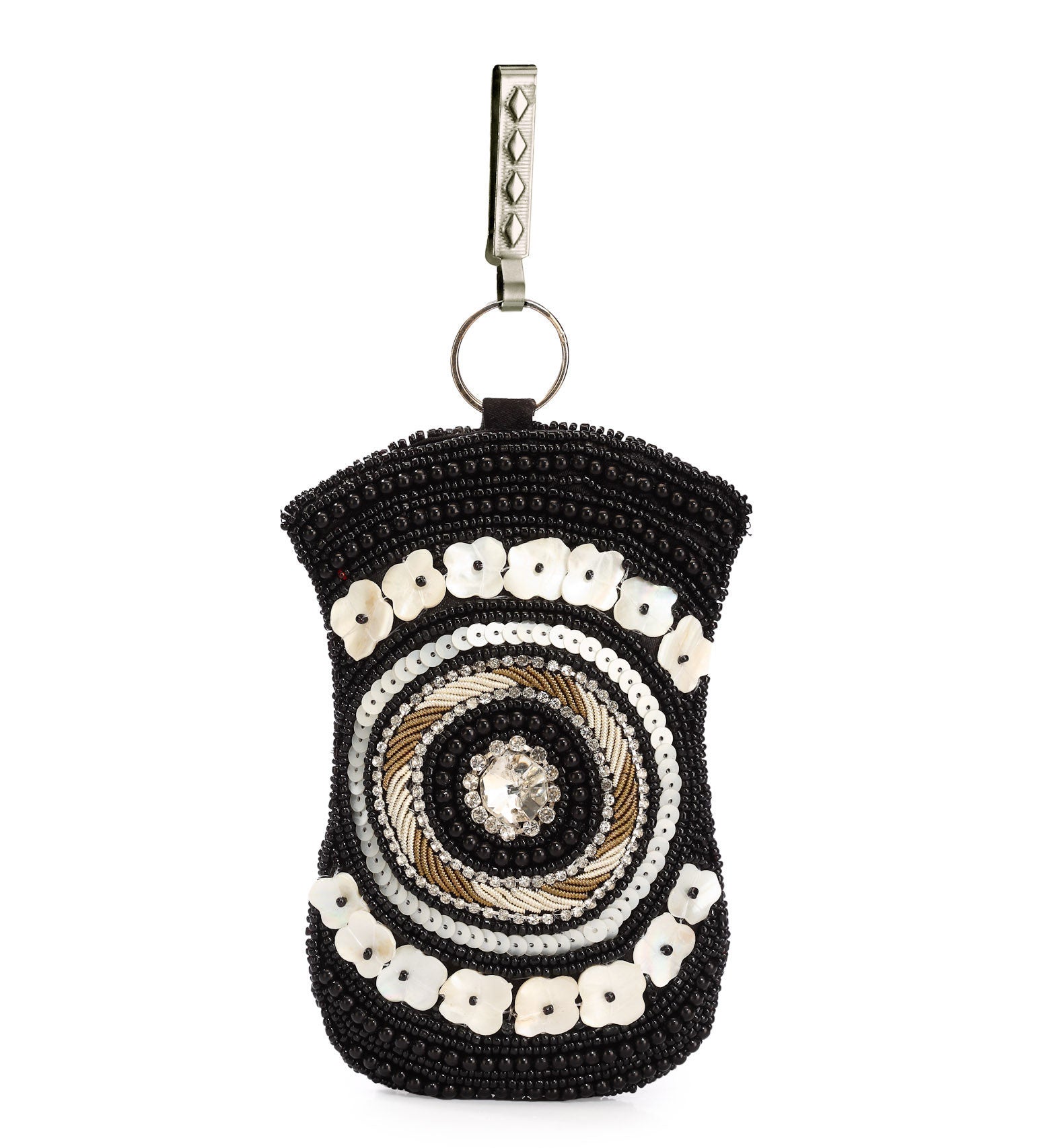 Black Satin Stone Pear & Shell Studded Pouch