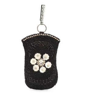 Black Satin Stone Pearl & Shell Studded Pouch