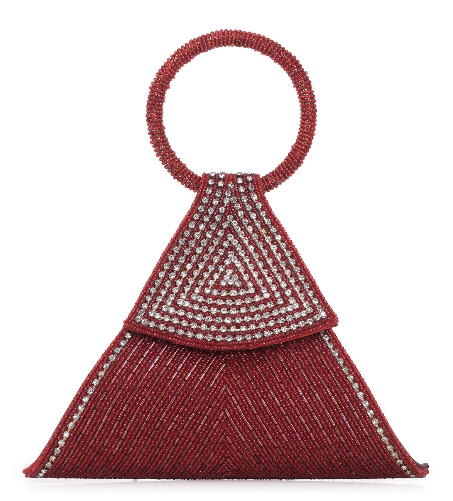 Maroon Rexin Stone and Pearl Beaded Pouch