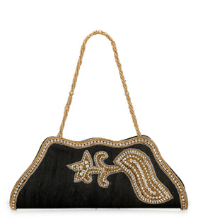 Black Art Silk Pearl and Zardosi Embroidery Clutch