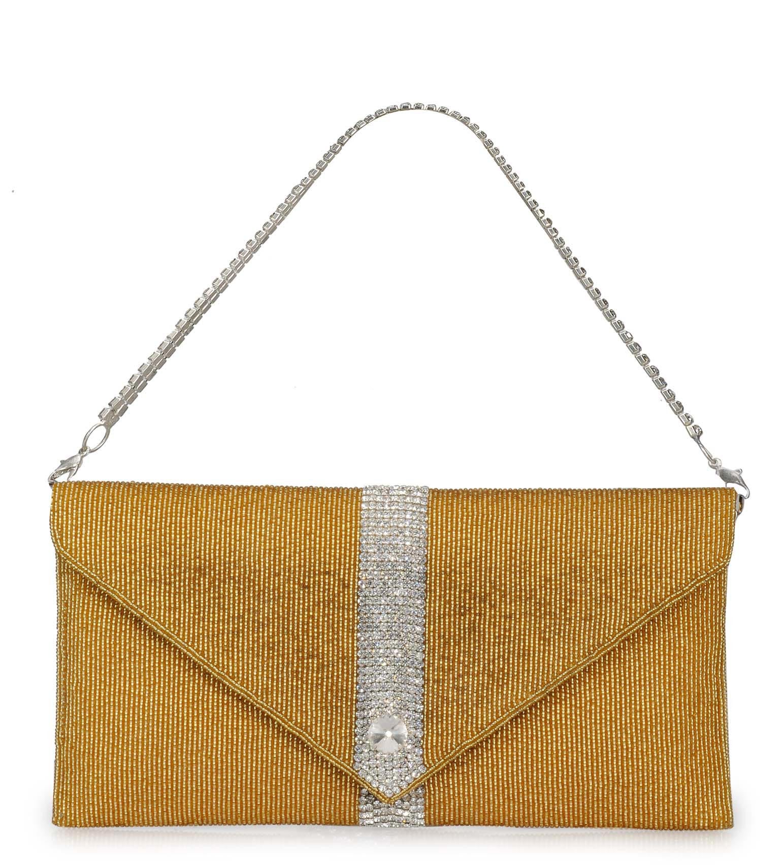 Golden Satin Stone and Pearl Beaded Clutch