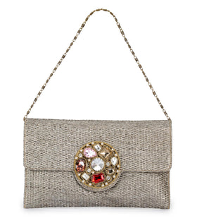 Grey Rexin Stone and Pearl Patch Work Clutch