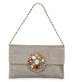 Grey Rexin Stone and Pearl Patch Work Clutch