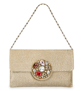 Beige Rexin Stone and Pearl Patch Work Clutch