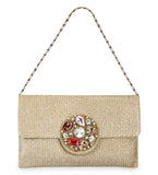 Beige Rexin Stone and Pearl Patch Work Clutch