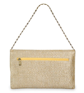 Beige Rexin Stone and Pearl Patch Work Clutch