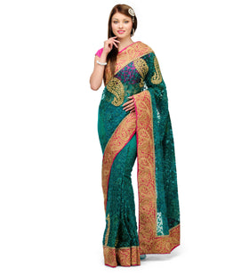 Dark Green Net Saree with Zari Border