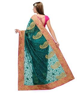 Dark Green Net Saree with Zari Border