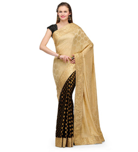 Beige & Black Semi Crepe Saree