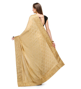 Beige & Black Semi Crepe Saree