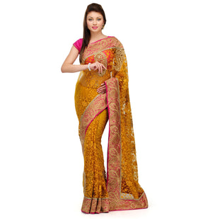 Mustard Net Saree with Zari Border