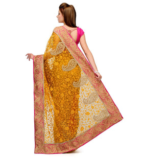 Mustard Net Saree with Zari Border