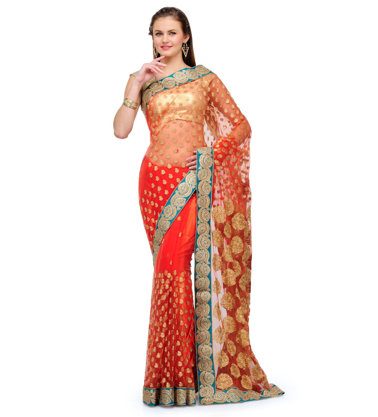 Red Net Saree with Sequin Border