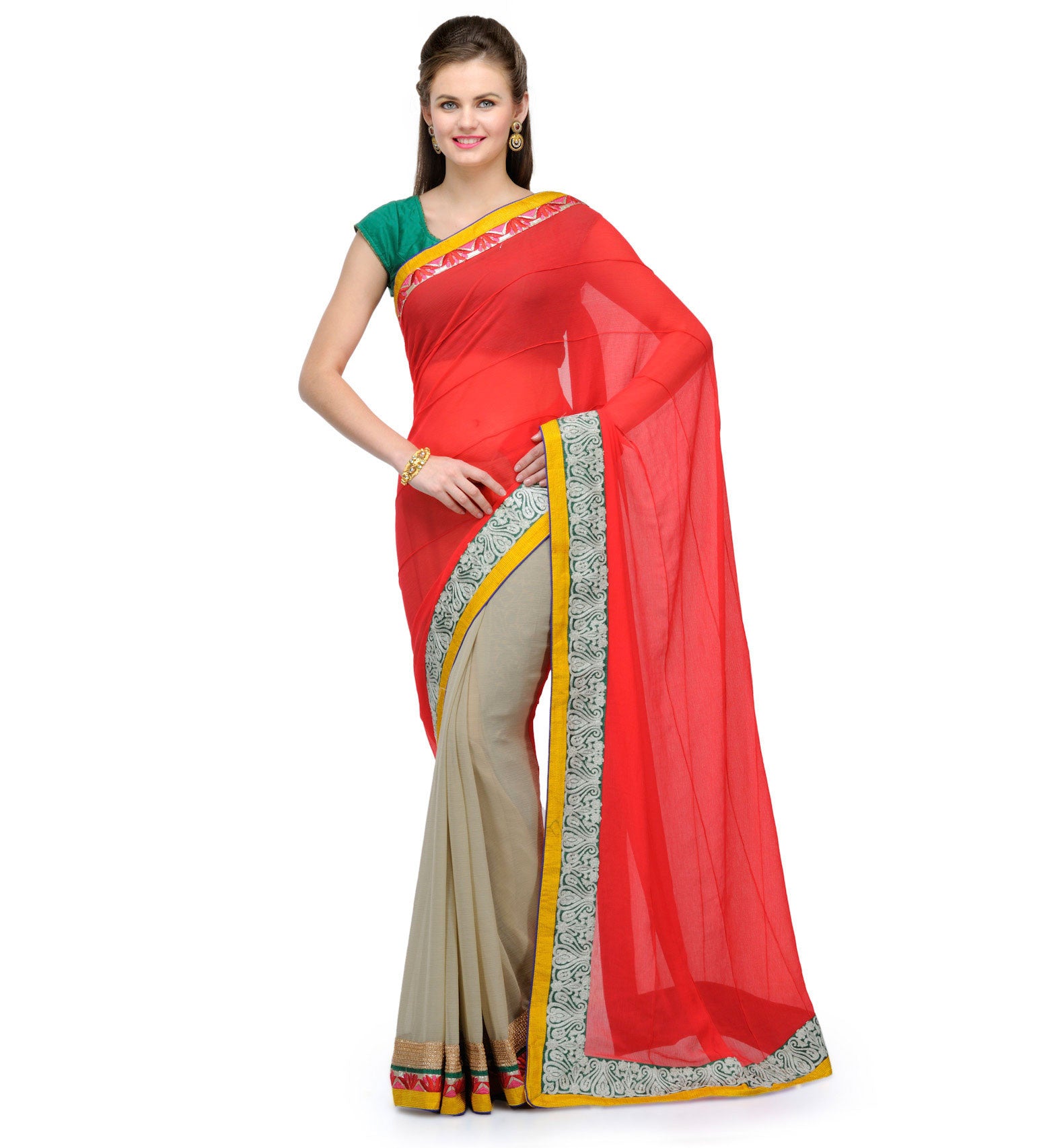 Red & Beige Faux Chiffon Saree