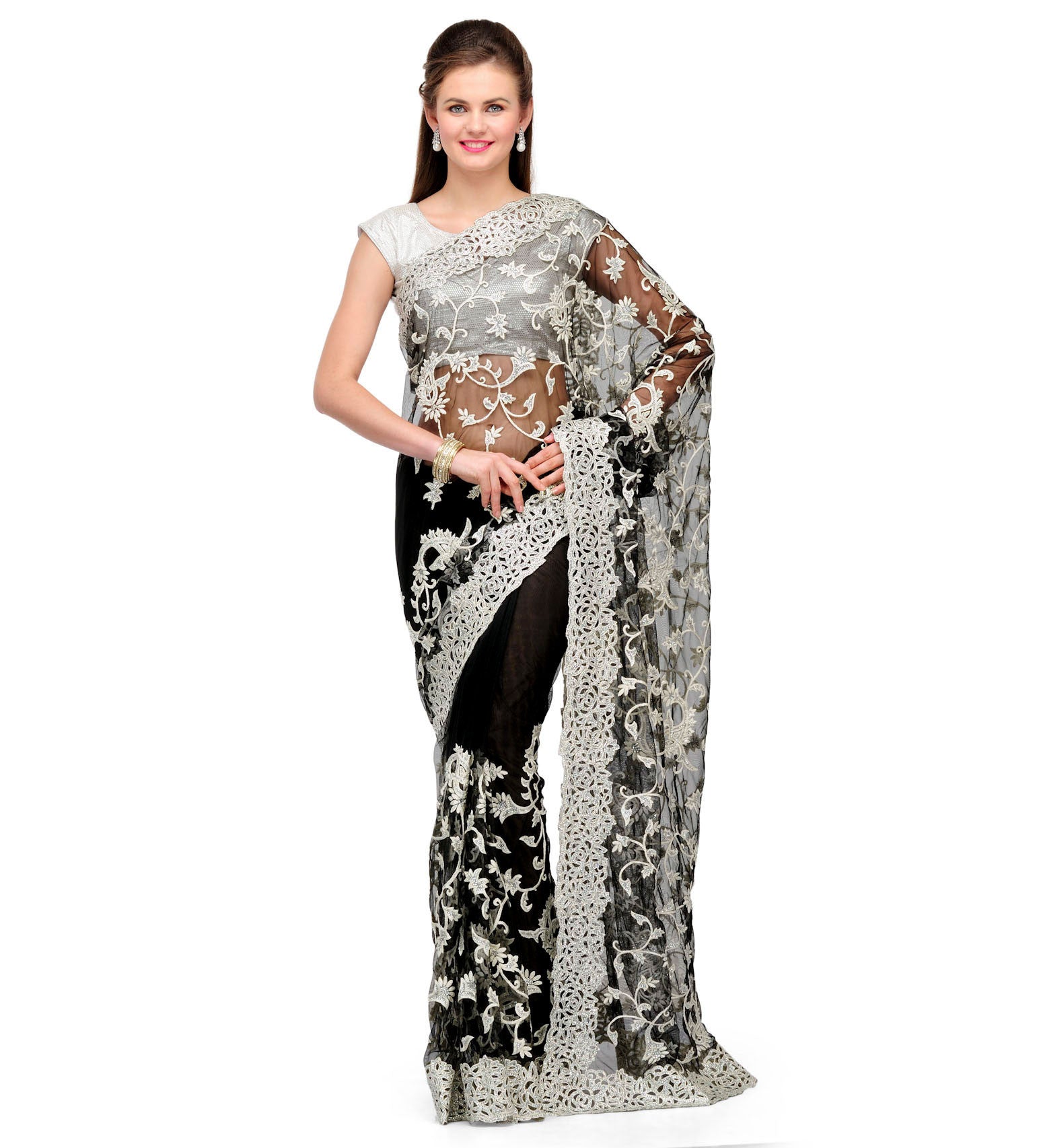 Black Net Saree with Resham Work