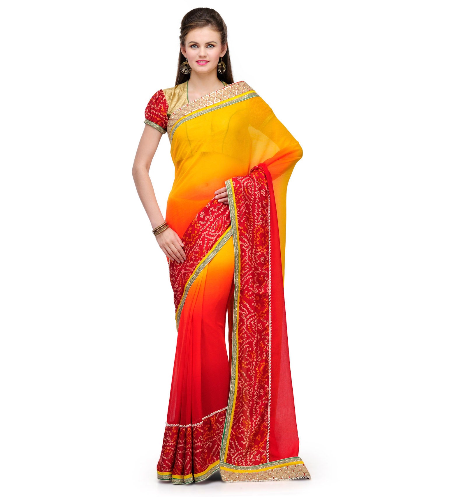 Golden & Maroon Faux Chiffon Saree