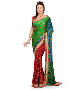 Green & Maroon Moss Crepe Saree