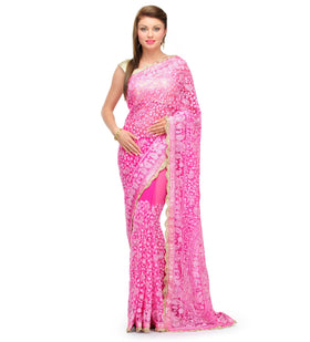 Magenta Net Saree with Zari Border