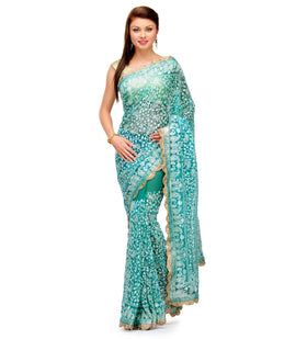 Green Net Saree with Zari Border