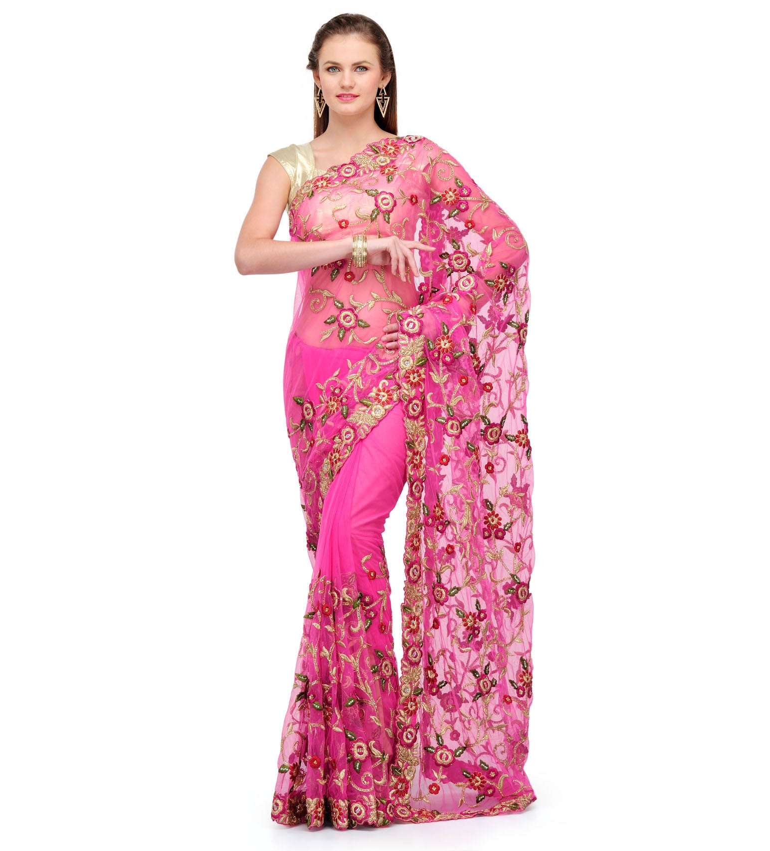 Magenta Net Saree with Resham Work