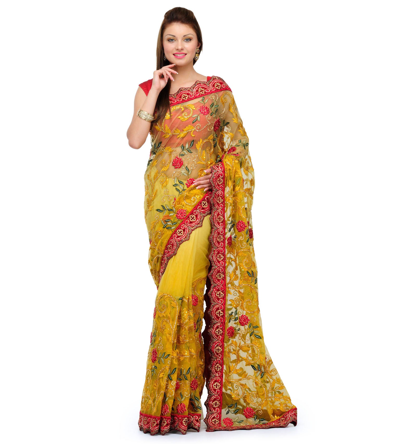 Mustard Net Saree with Zari Border