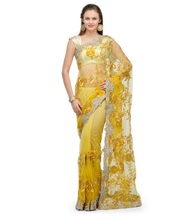 Mustard Net Saree with Zari Work