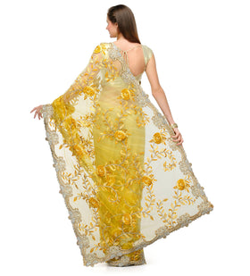 Mustard Net Saree with Zari Work