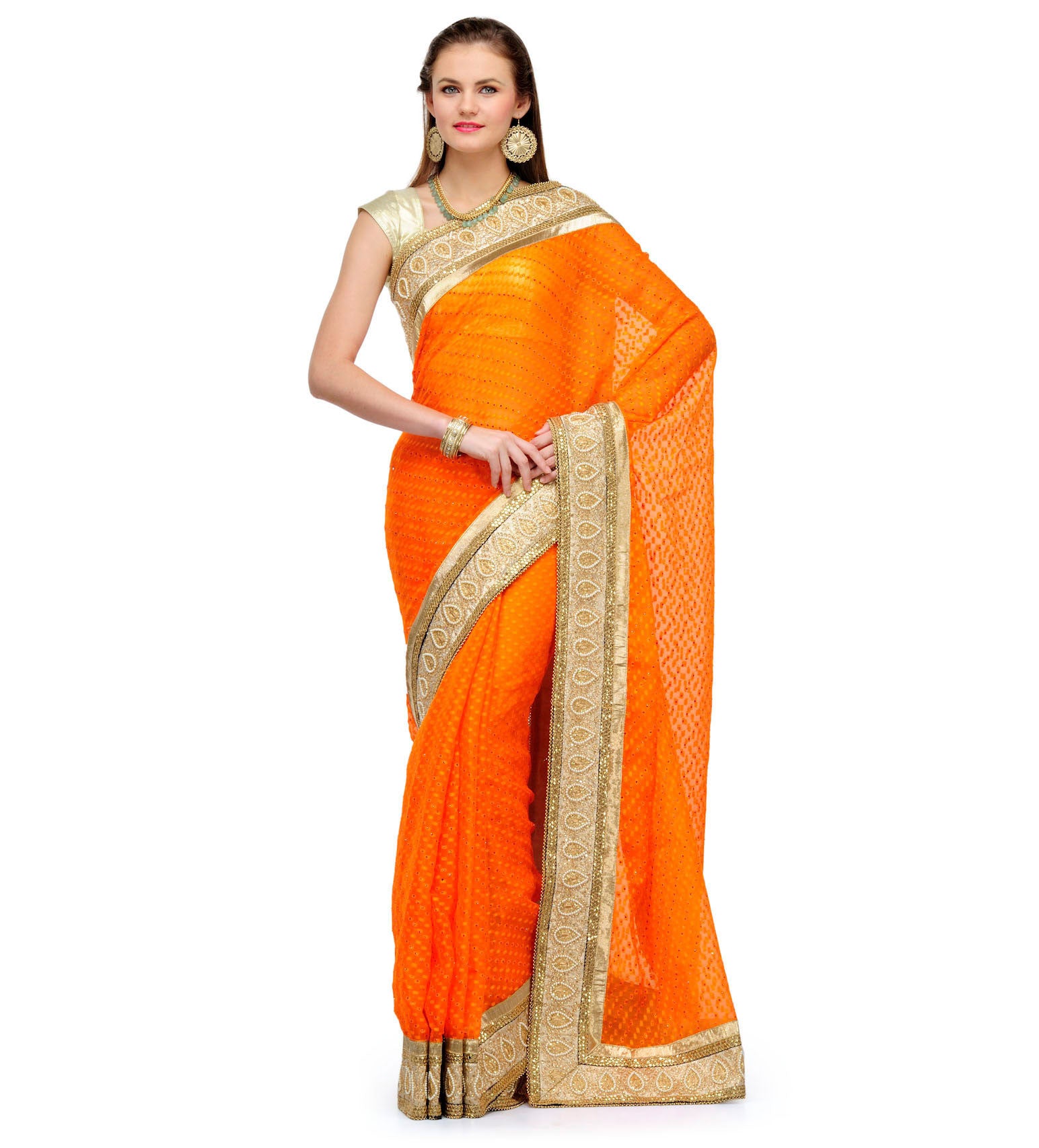 Orange Net Saree with Pearl Border