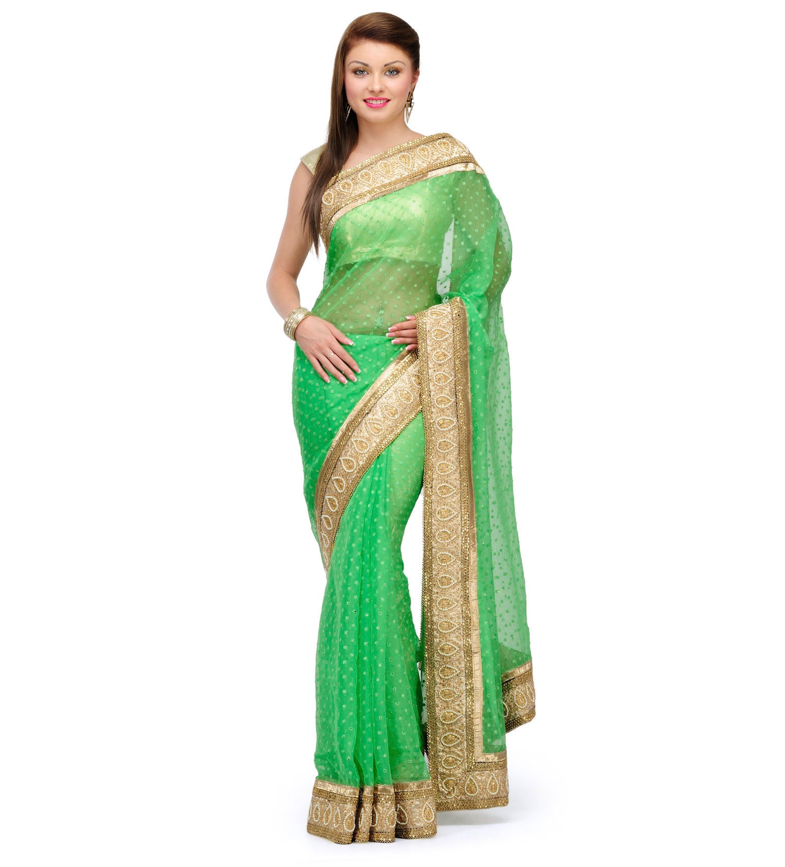 Green Net Saree with Pearl Border