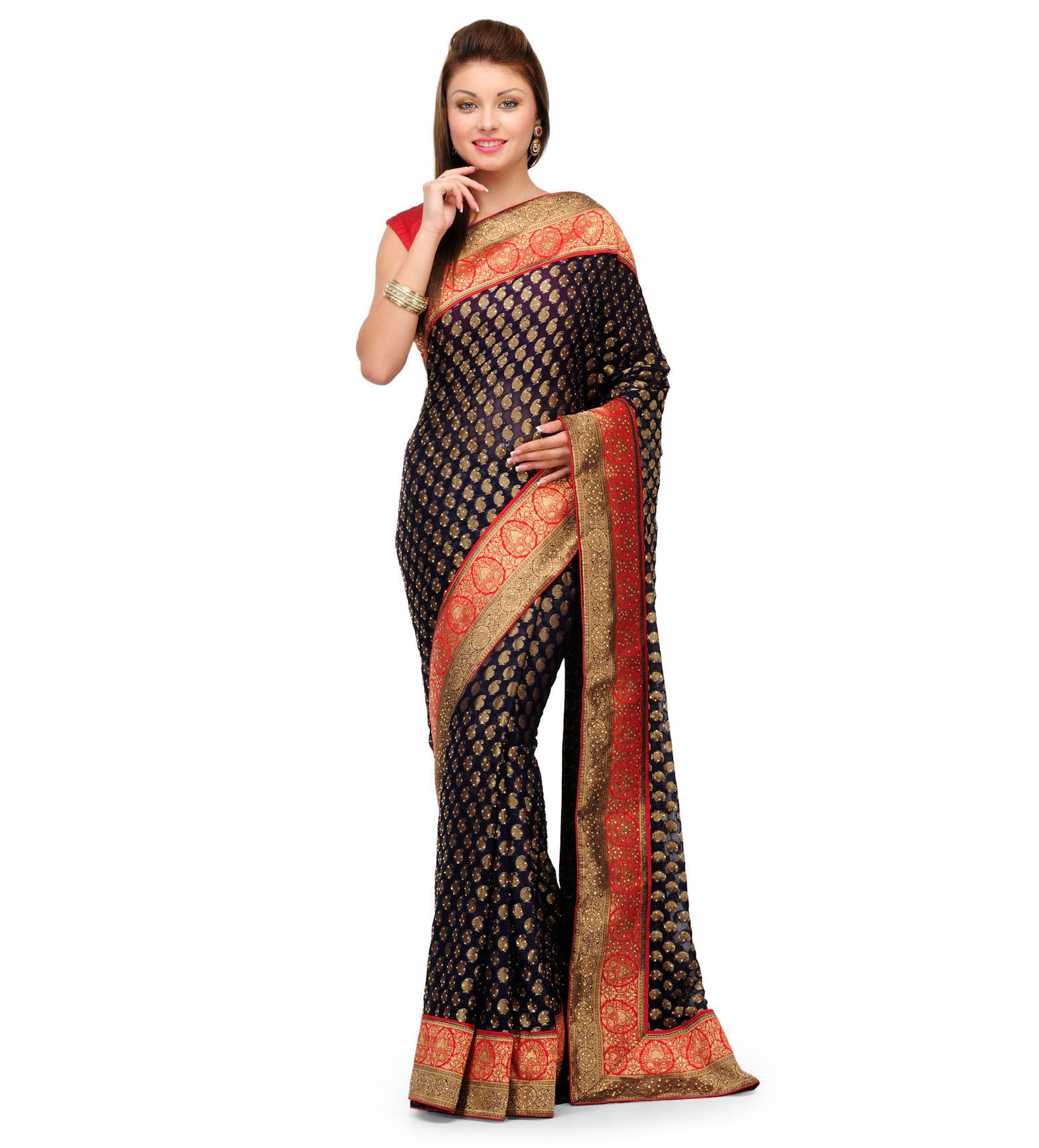 Navy Blue Viscose Saree with Brocade Border