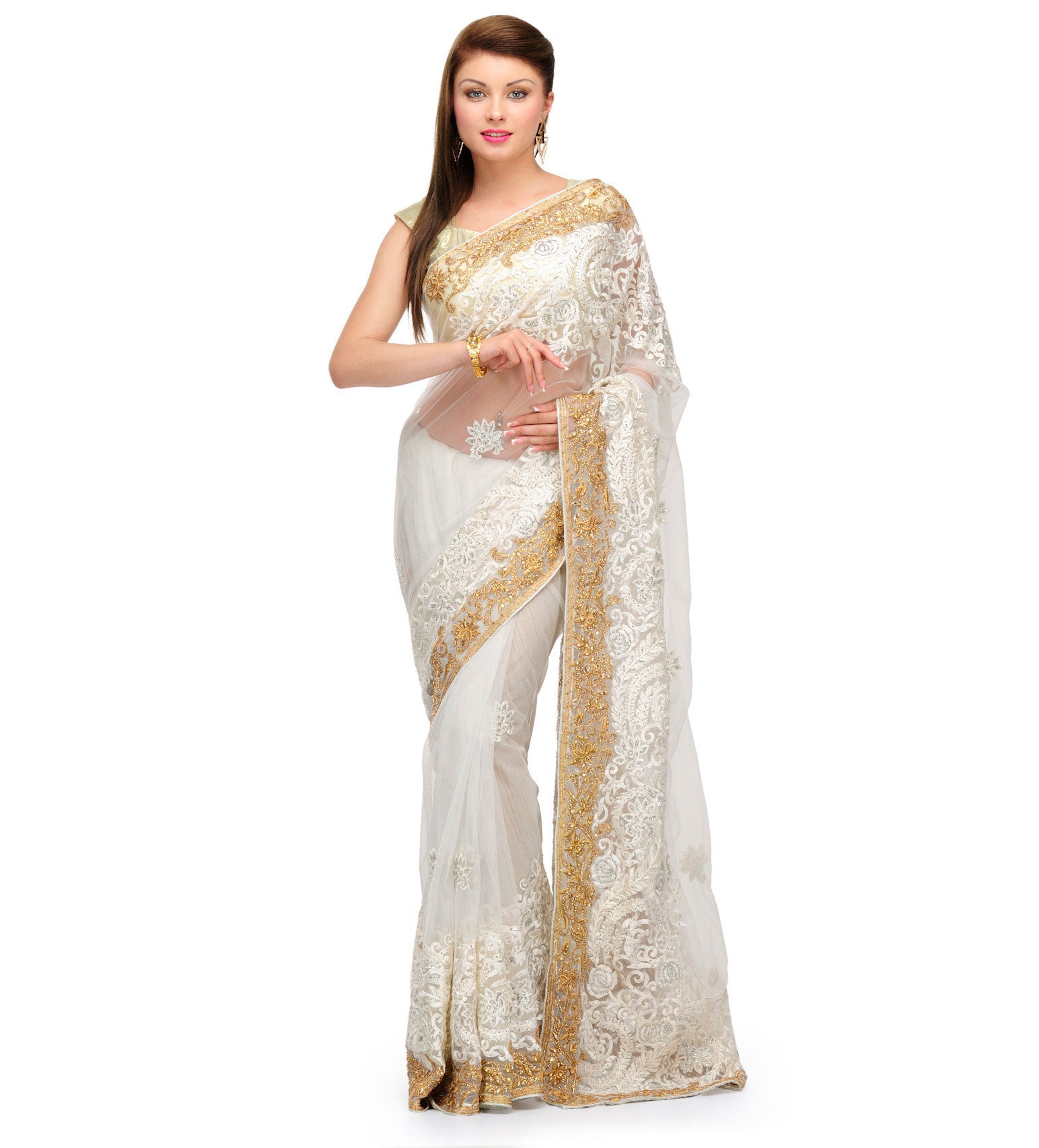 Off White Net Saree with Zari Border