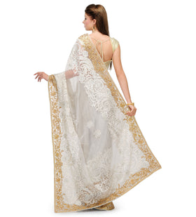 Off White Net Saree with Zari Border