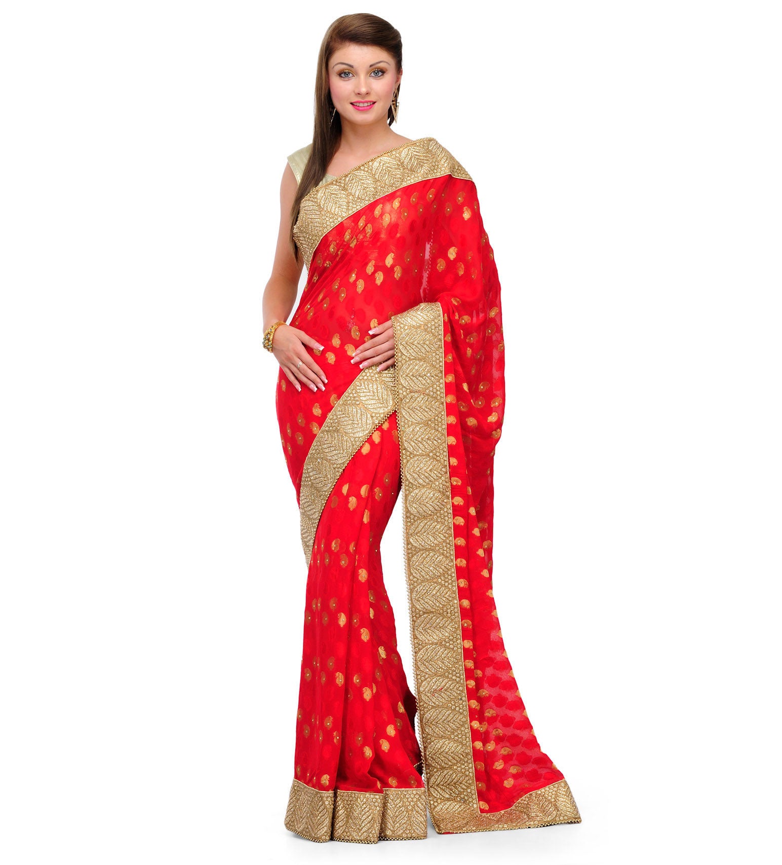 Red Viscose Saree with Zari Border