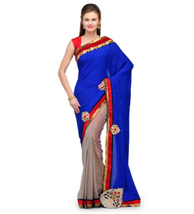 Royal Blue & Grey Faux Crepe Saree