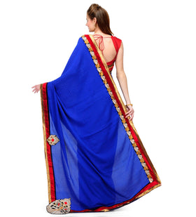 Royal Blue & Grey Faux Crepe Saree