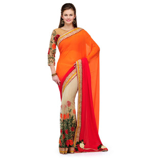 Red, Magenta & Beige Faux Georgette Saree