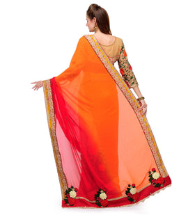 Red, Magenta & Beige Faux Georgette Saree