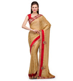 Beige Faux Crepe Saree with Velvet Border