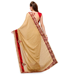 Beige Faux Crepe Saree with Velvet Border