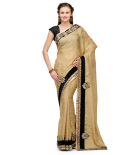 Beige Faux Crepe Saree with Velvet Border