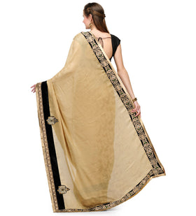 Beige Faux Crepe Saree with Velvet Border