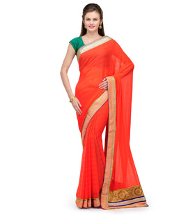 Orange Faux Chiffon Saree